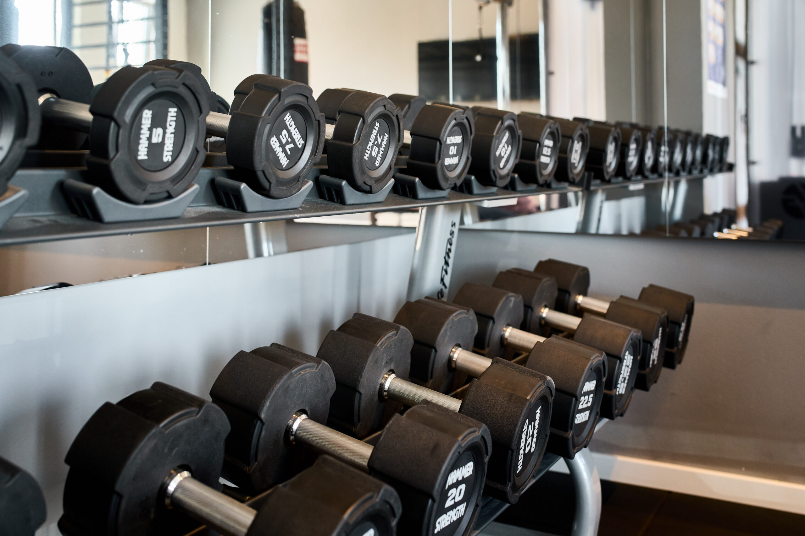 Reihe von schwarzen Hanteln auf einem Gestell in einem Fitnessstudio.