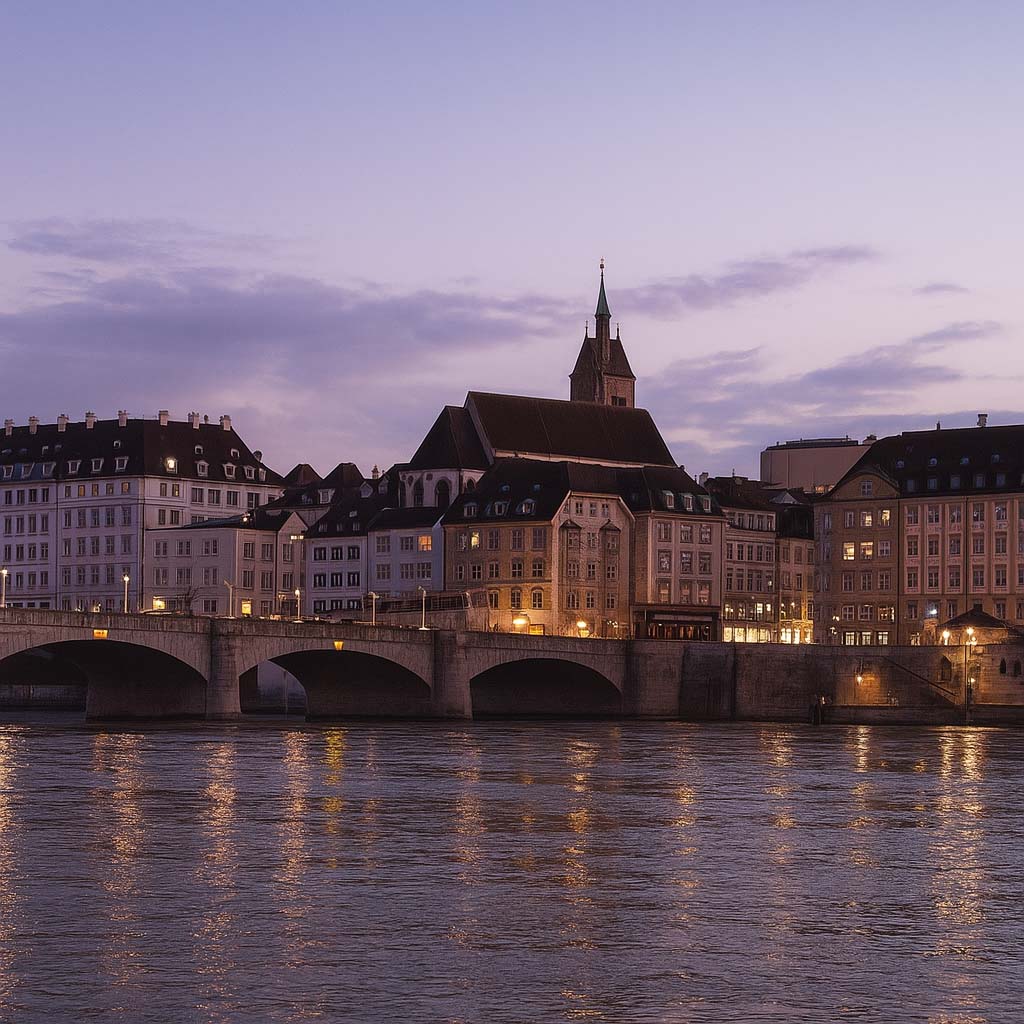 Abendliche Stadtansicht von Basel mit beleuchteten Gebäuden und einer Brücke über den Fluss.