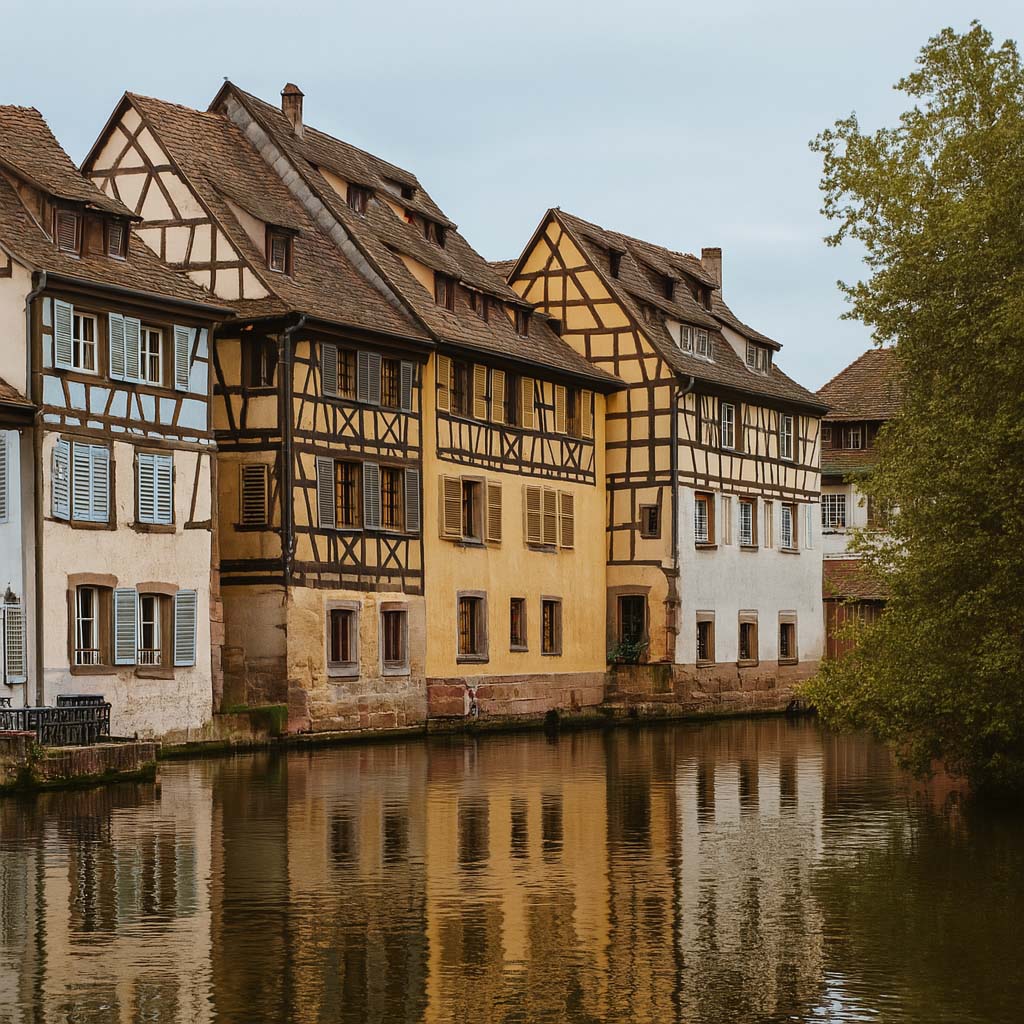 Fachwerkhäuser mit reflektierenden Wasseroberflächen in Straßburg, Deutschland.